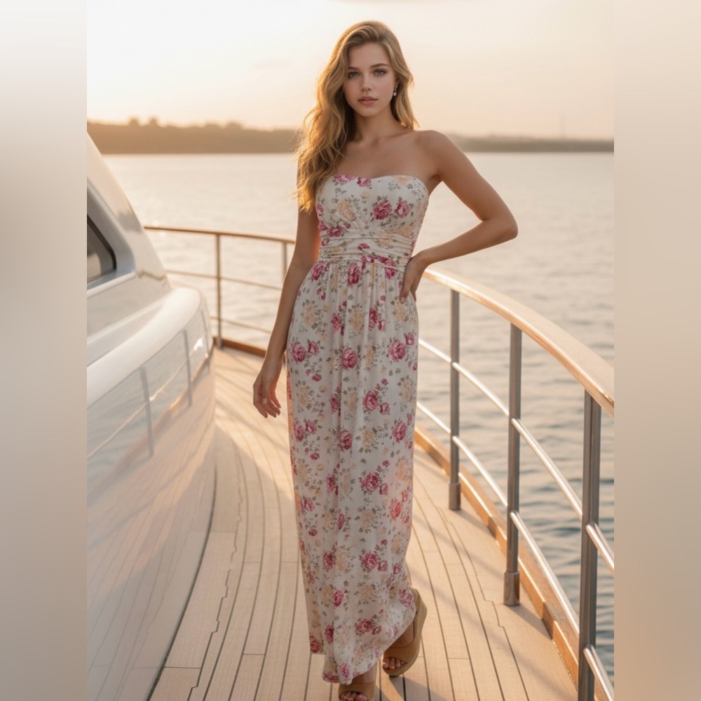 Strapless Floral Maxi Dress in Cream and Red